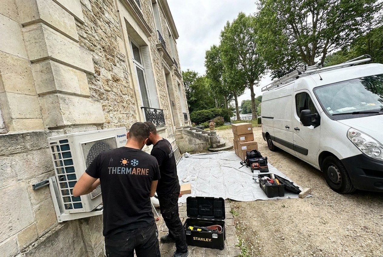 Deux techniciens Thermarne devant une unité Panasonic fixée sur une façade en pierre de taille