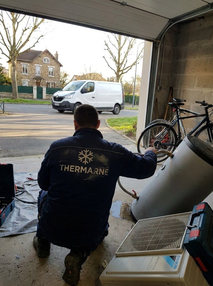 Technicien Thermarne accroupi dans un garage, purge d'un ballon près d'une Daikin Altherma