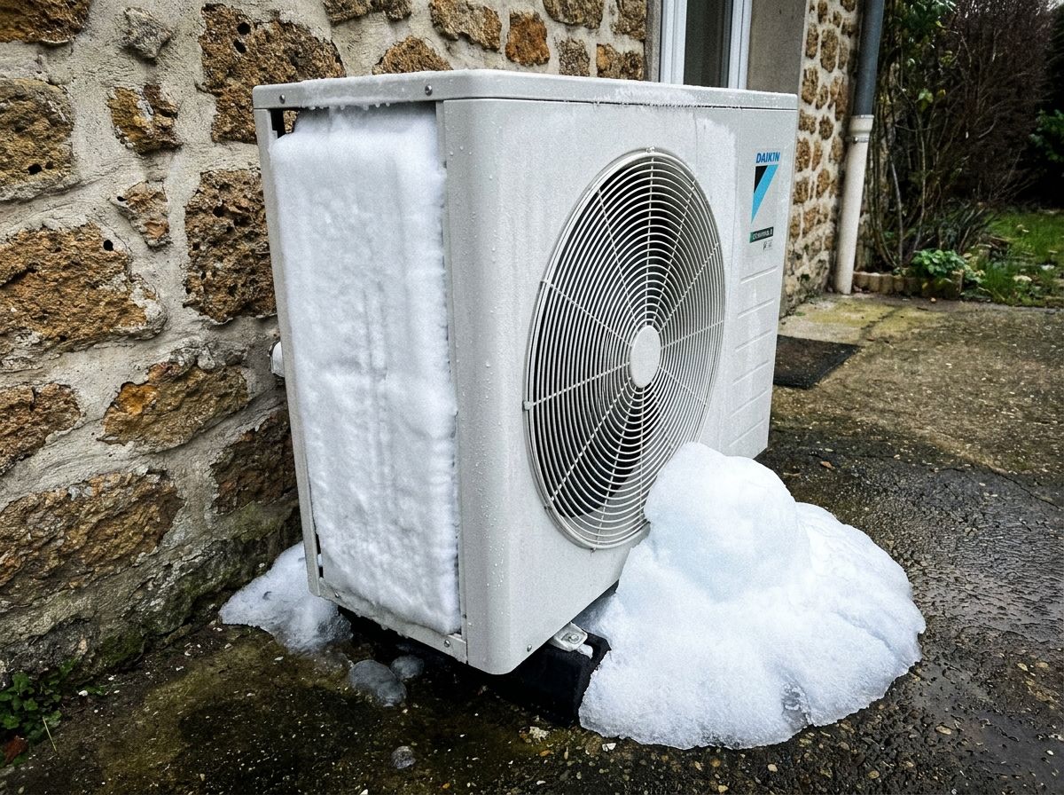 Unité Daikin Altherma 3 prise dans le givre avec un bloc de glace au pied