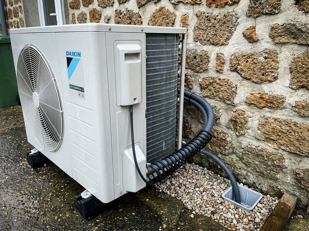 Unité Daikin Altherma 3 dégivrée, évacuation des condensats vers un regard dans les graviers
