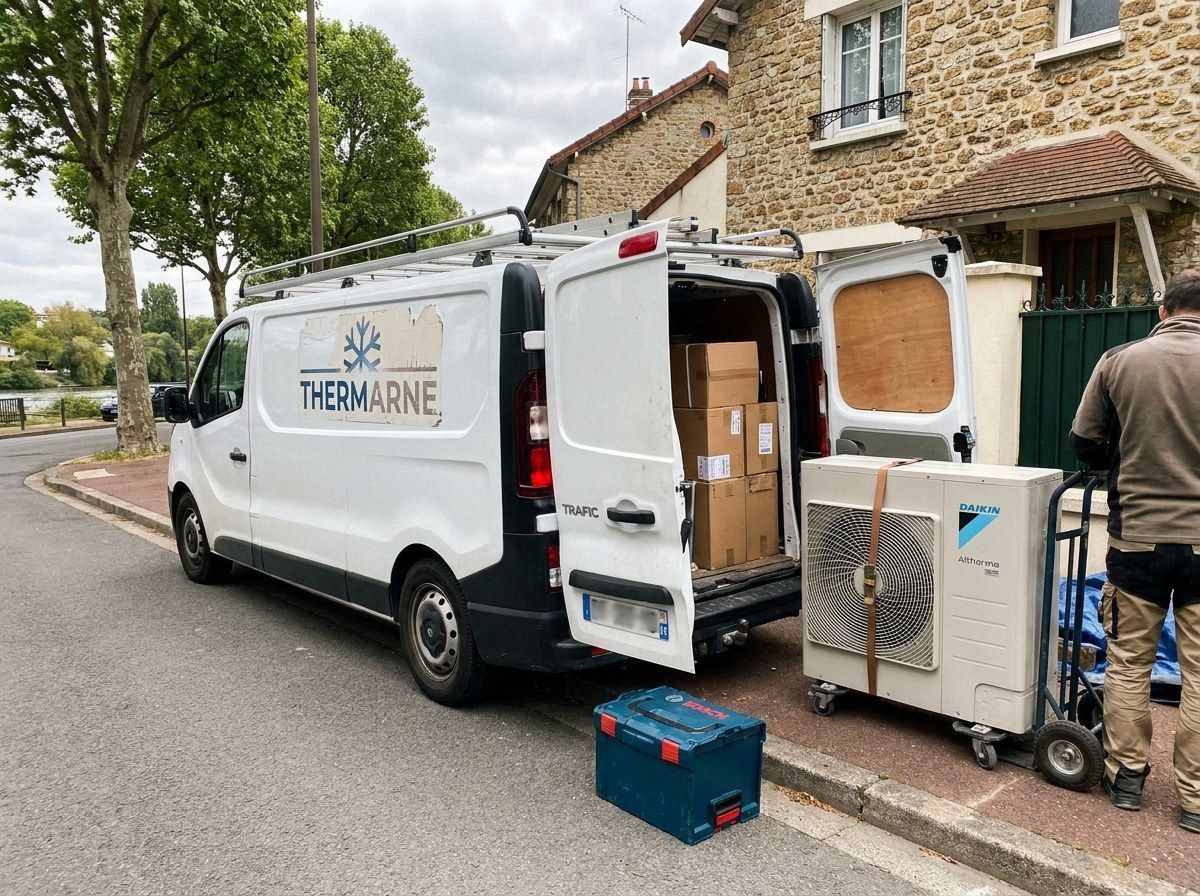 Utilitaire Thermarne portes ouvertes, unité Daikin Altherma sur un diable