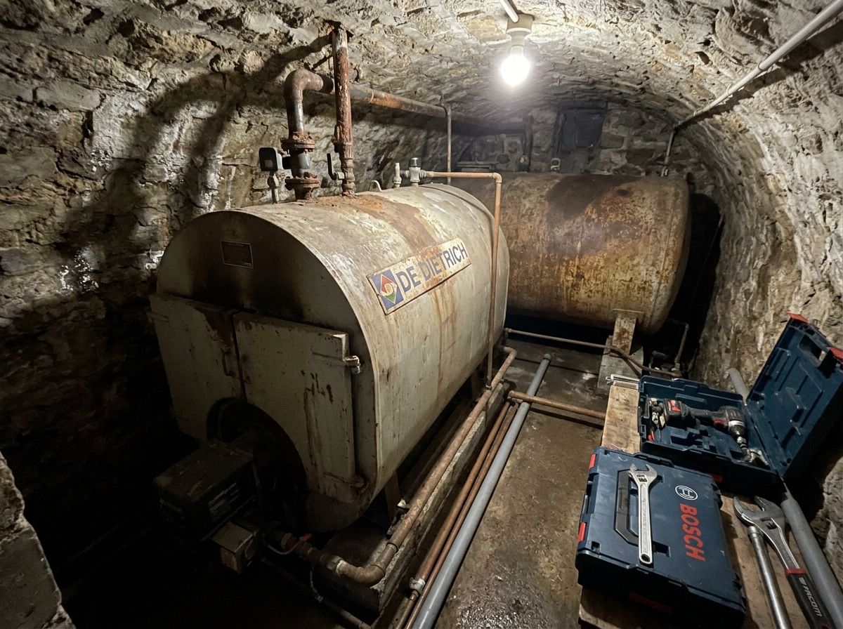Ancienne chaudière fioul et cuve rouillée dans une cave voûtée en pierre