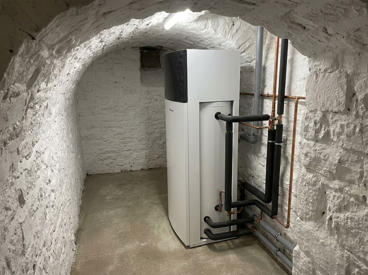 Module intérieur Daikin Altherma avec ballon installé dans une cave voûtée repeinte en blanc