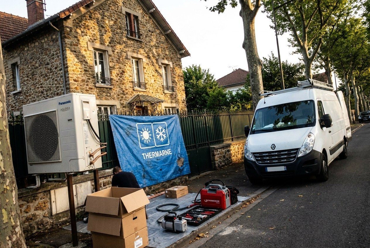 Pompe à vide et outillage sur une bâche Thermarne au pied d'une unité Panasonic Aquarea