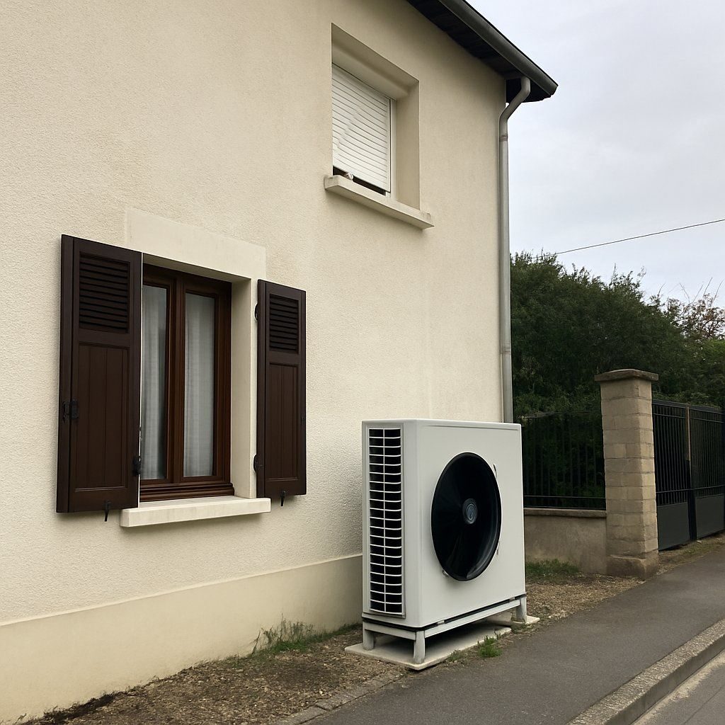 Unité extérieure de pompe à chaleur posée sur châssis le long d'une façade crépie