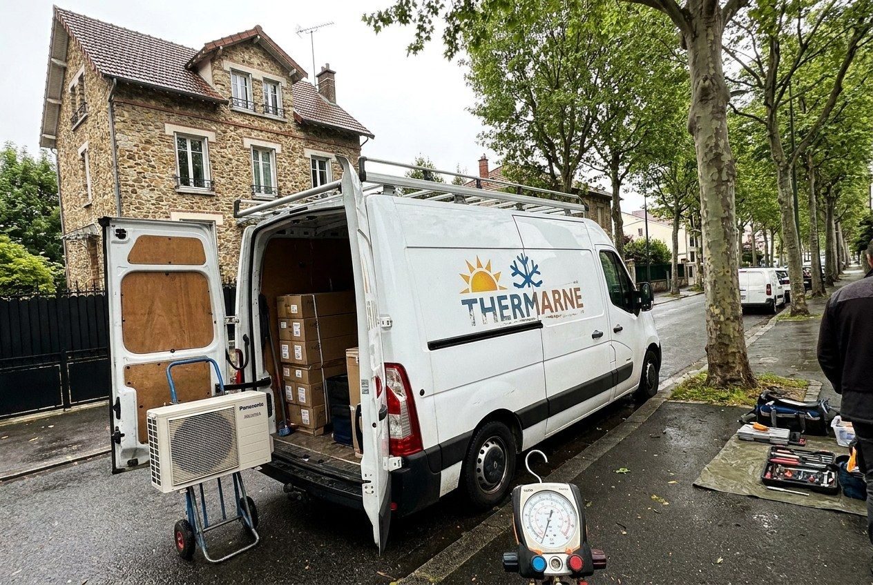 Utilitaire Thermarne ouvert devant une maison en meulière, unité Panasonic sur un diable et manomètre au premier plan